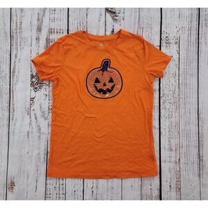 Celebrate Halloween Two Tone Sequin Pumpkin Orange Short Sleeve Tee Youth XL